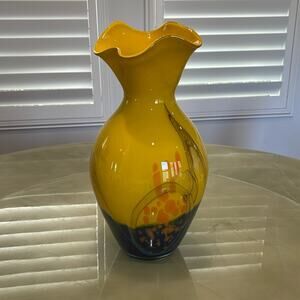 Handmade Blown Glass Bouquet Top Vase Yellow Multi  Signed
